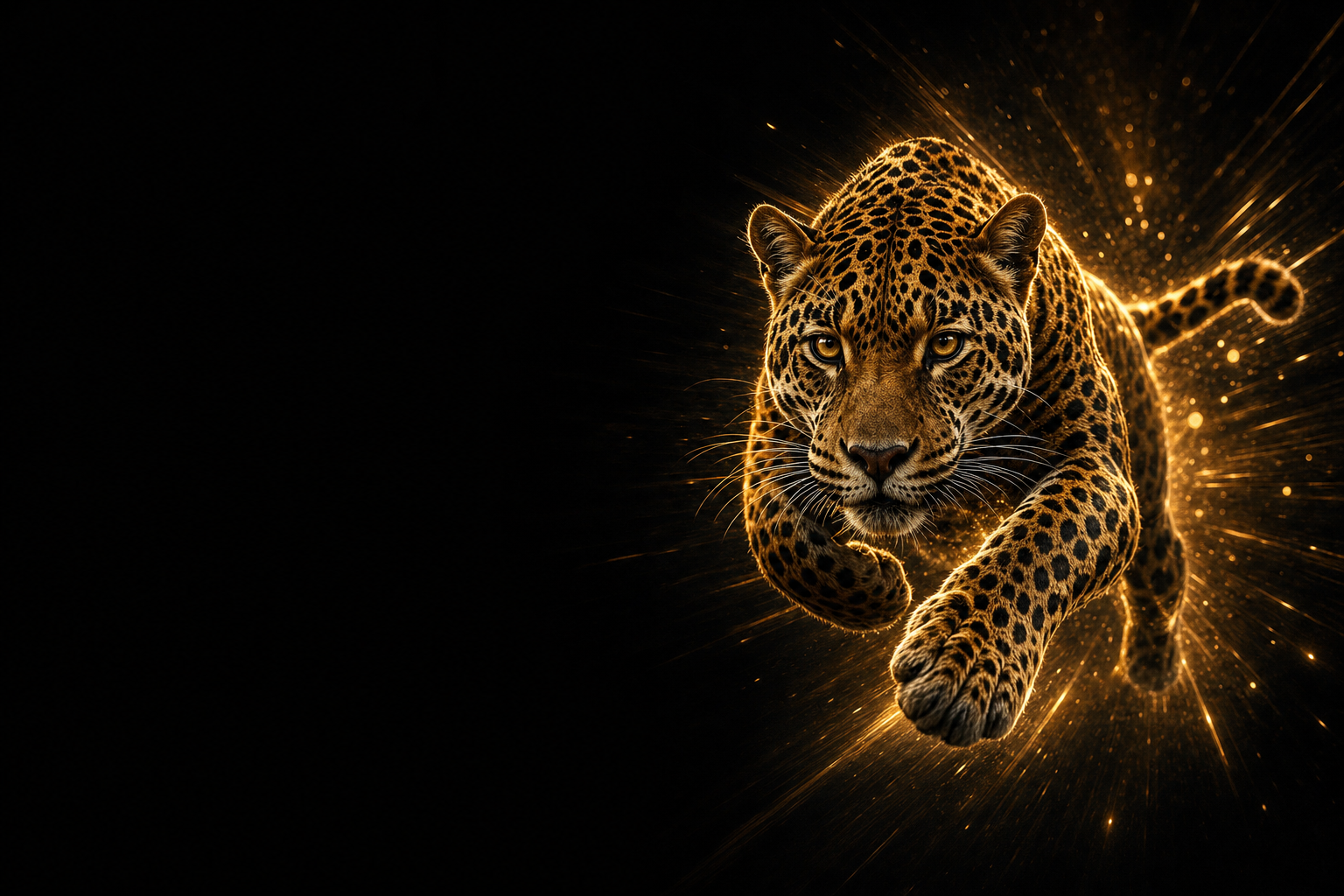A charging jaguar rendered in gold light on black — the emblem of Joguar